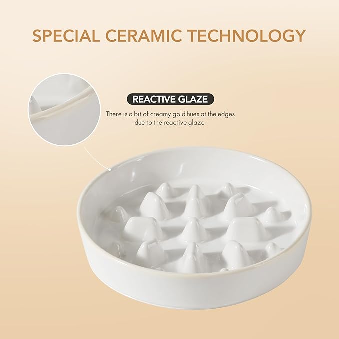 Ceramic 1.6 Cup Raised Slow Feeder Dog Bowl Set, Elevated Acacia Wood Stand for Medium and Large Dogs, 8.2inch Slow Pet Dish for Fast Eaters(1 Bowl & Stand,Reactived Glaze -White)