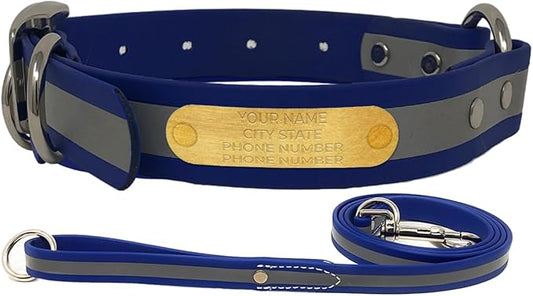Regal Dog Products Medium Blue with Custom Engraved Reflective Dog Collar and Leash Set | Waterproof Dog Collar with D Ring | Center Ring & 5'ft Leash | Matching Dog Collar and Leash for Dogs