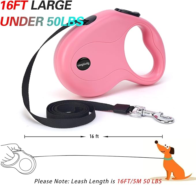 16Ft Retractable Dog Leash,Light Weight Leash for Small to Medium Dogs/Cats Up to 50lbs,Stainless Steel Spring Strong Nylon Tape, Tangle Free, One-Handed Brake.(Pink)