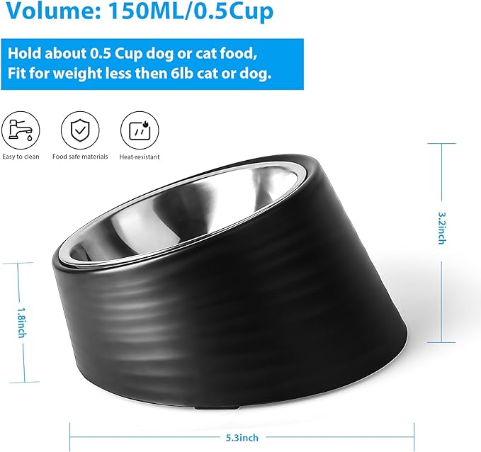 Slanted Small Cat Food Bowl 0.5 Cup, 15° Tilted Stainless Steel Mini Dog Puppy Food Bowl, Non-Slip & Non-Spill Small Kitten Pet Feeder with Elevated Detachable Melamine Stand, Easy to Get Food