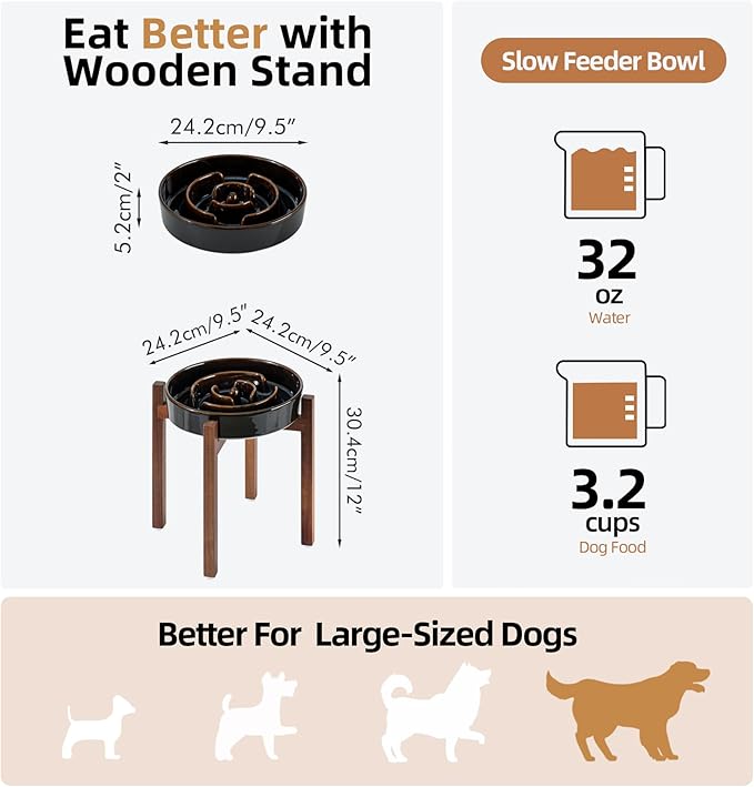 Ceramic 3.2 Cup Raised Slow Feeder Dog Bowl Set, Elevated Acacia Wood Stand for Large Dog, 9.5inch Slow Dish, Preventing Choking(Single Bowl+ Stand, Starry Sky)
