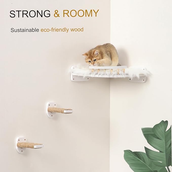 Cat Wall Shelves - 3 Steps Scratch Post & Hammock Bed, Corner Cat Furniture with Plush Covered Climbing Shelf for Indoor Cats (White)