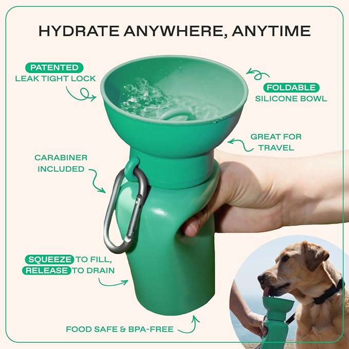 Springer by Springland Flip Portable Dog Water Bottle with Foldable Food Grade Silicone Bowl - 20 Ounce Travel Dog Water Bottle Ideal for Camping - Easy Squeeze Hydration & Release to Drain