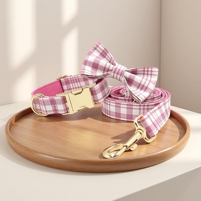 PETDURO Personalized Dog Collar Pink Plaid for Large Medium Dogs | Engraved Name and Phone Number on Gold Metal Buckle for Girls | Add Leash & Bow Tie via Customize Now