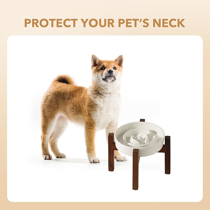Ceramic 1.2 Cup Raised Slow Feeder Dog Bowl Set, Elevated Acacia Wood Stand for Medium and Small Dog, 7.3inch Slow Dish, Stop Bloat(Single Bowl+ Stand, Vanilla White)