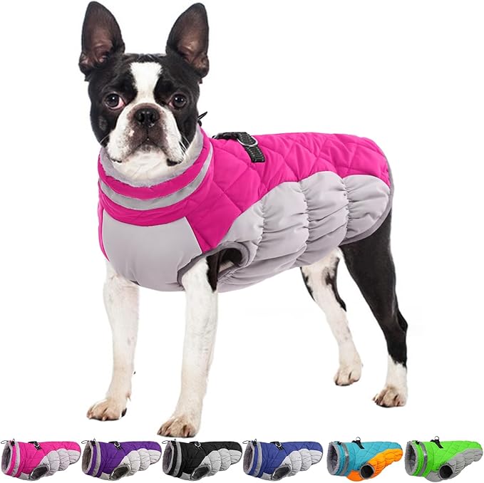 Winter Dog Coat,Large Dog Jacket,Waterproof Pet Jacket with Back Zipper,Pet Coat with Harness Built in,Warm Dogs Coat with Fleece Lined,Snow Jacket Clothes French Bulldog Shiba Inu,Rose Red,L