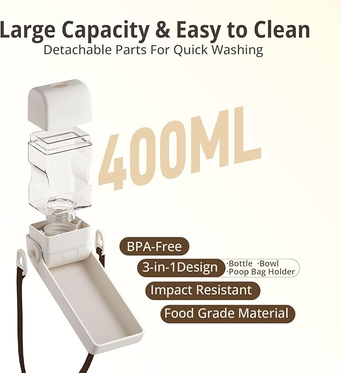 Dog Water Bottle, Portable Water Dispenser, Foldable Dog Bowls, Leak-Proof Pet Water Bottle with Poop Bag Dispenser, Puppy Essentials for Dogs On The Go Walking Hiking Travel, 13.5oz