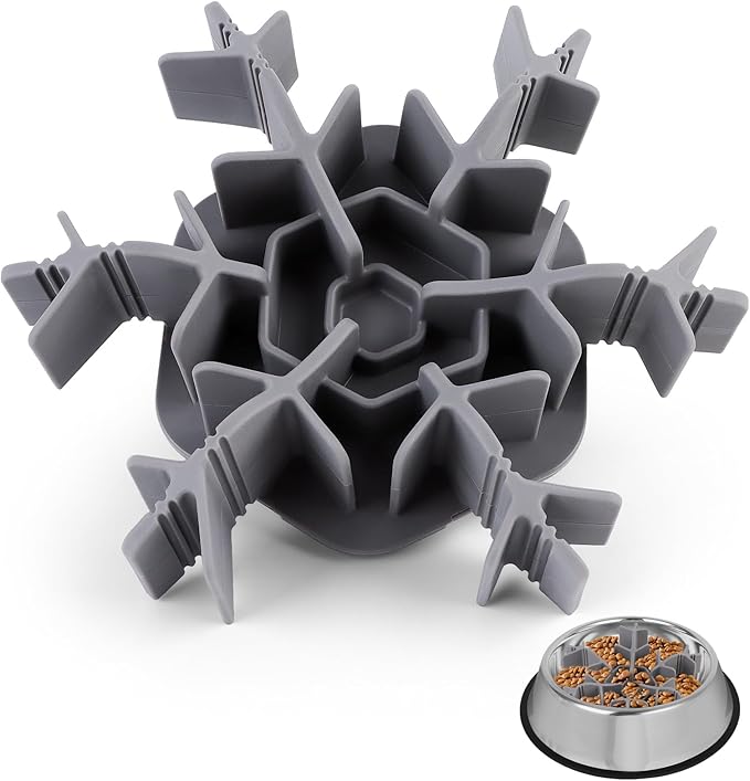Slow Feeder Insert for Dog Bowl, Cuttable Dog Slow Feeding Insert with 8 Upgraded Large Suction Cups, Adjustable Length 4.7-7, Fits Small Medium Dogs (Grey)