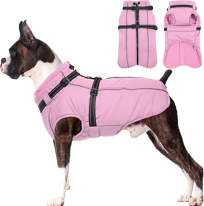 Lelepet Warm Dog Winter Coat Waterproof Dog Jacket with Harness Built in, Reflective Windproof Fleece Jacket, Dogs Coats for Medium Dogs, Thermal Turtleneck Pet Snowsuit for Outdoor, Schnauzer, Pink M