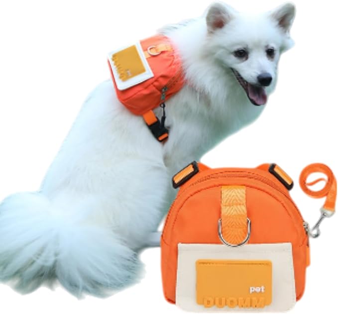 Dog Backpack Strap Leash,Dog Harness with Poop Bag Dispenser,Adjustable and Waterproof,Dog Hiking Backpack,Suitable for Travel and Daily Walks (Orange, M)