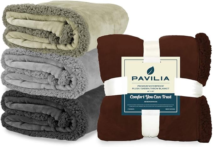PAVILIA Waterproof Blanket for Couch, Sofa | Waterproof Dog Blanket for Large Dog, Puppy, Cat | Pet Blanket Protector | Plush Soft Warm Fuzzy Sherpa Blanket Bed Throw, Taupe, 60x80