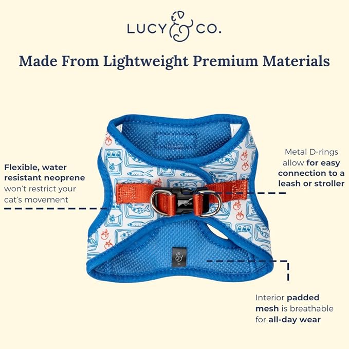 Lucy & Co. Tinned Fish Step-in Cat Harness & Leash Bundle – Reflective, Breathable & Adjustable Harness for Cats, Kittens & Small Dogs, Lightweight & Secure and Dual Leash Clips – Medium