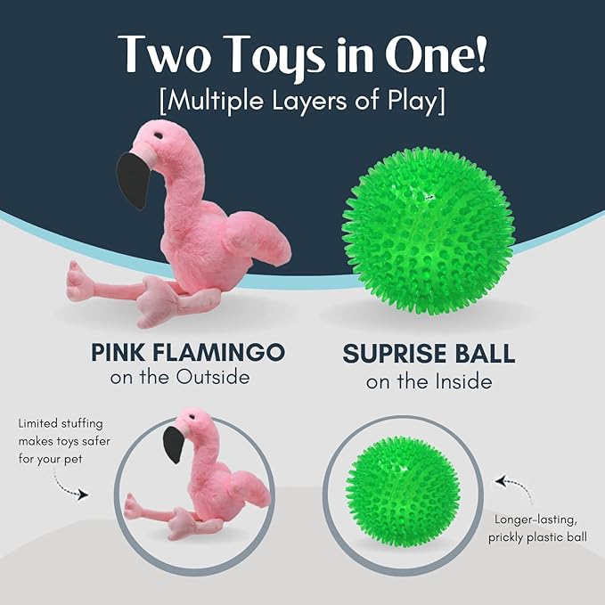 Flourish Pets 3 in 1 Multi-Layer Chew Toy for Active Dogs | Non-Toxic BPA Free Double Stitched Soft Fabric Exterior Dog Toys | Long-Lasting Dog Plush Toys –Small Flamingo 13.5"