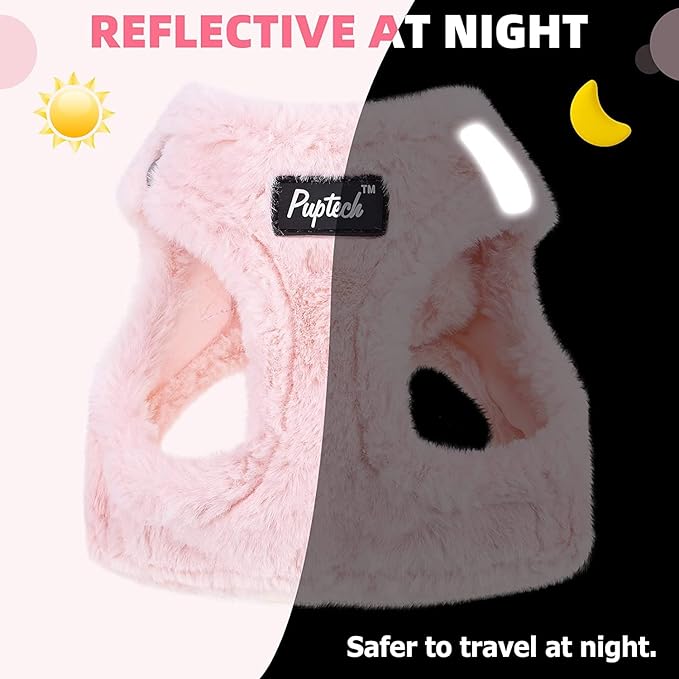 PUPTECK Adjustable Dog Harness Collar and Leash Set Step in No Pull Pet Harness for Small Medium Dogs Puppy and Cats Outdoor Walking Running, Soft Mesh Padded Reflective Vest Harnesses, Plush Pink M