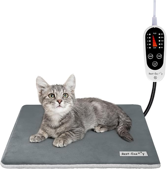 Rest-Eazzzy Heating Pad, Heated Cat Bed with Removable Cover, 5-Level Timer & Temperature, Indoor Warming Mat for Cats & Dogs (Pure-Grey, 2pcs)