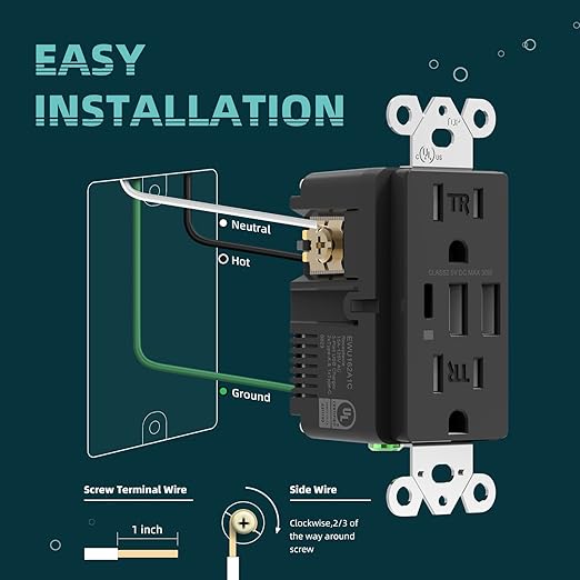 TOPELER Black USB Wall Outlet, 6.0Amp Electrical Socket with USB Type A&C Ports, 15A Duplex Tamper Resistant Receptacle Plug, UL&FCC Listed, Screwless Wall Plate Include, 2 Pack