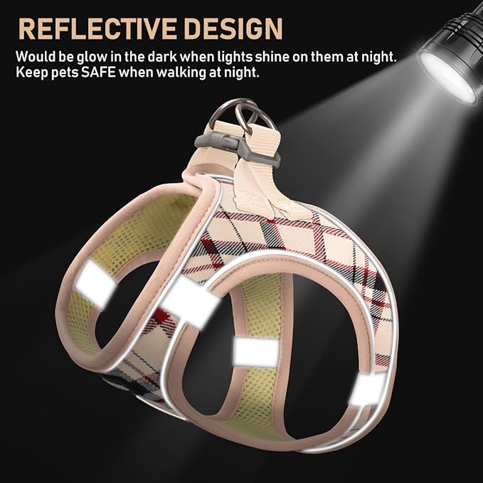 GAMUDA Small Dog Harness Collar and Leash Set, Step in No Chock No Pull Soft Mesh Adjustable Dog Vest Harnesses Plaid Reflective for Dogs Puppy Cats Kitten Rabbit (Beige Red, XXXS)
