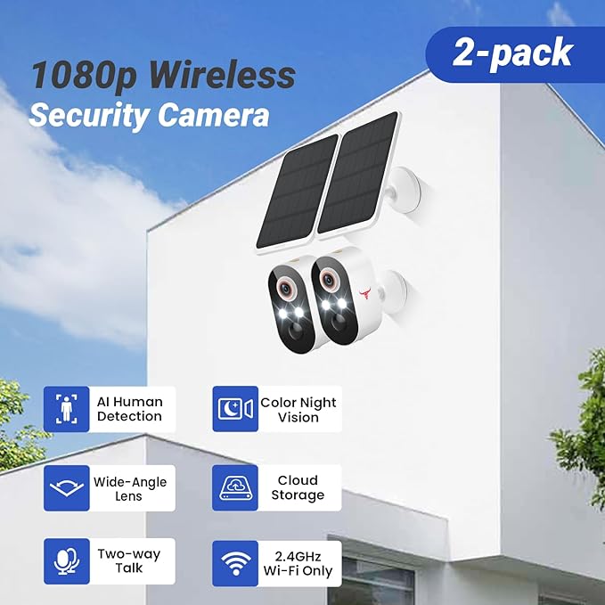 Solar Security Camera Wireless Outdoor, Battery Powered WiFi Camera for Home Surveillance, AI Human Detection, 2-Way Talk, Color Night Vision, Cloud Storage, Weather Resistance (2-Pack)