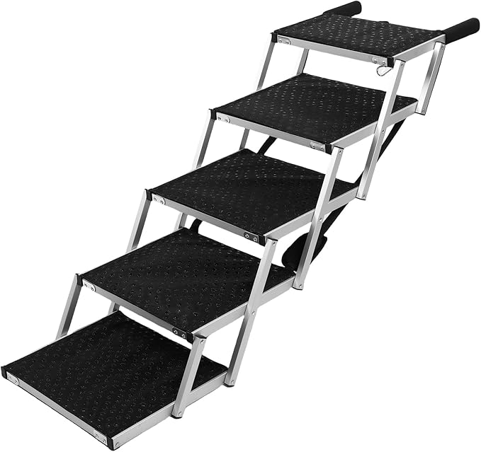 Foldable Dog Stairs, Car Dog Stairs 5 Steps 70kg Load Bearing Extra Wide Anti Slip Pet Ramp with Soft Foam Handle and Safety Straps, for SUV High Beds Truck Car Sedan