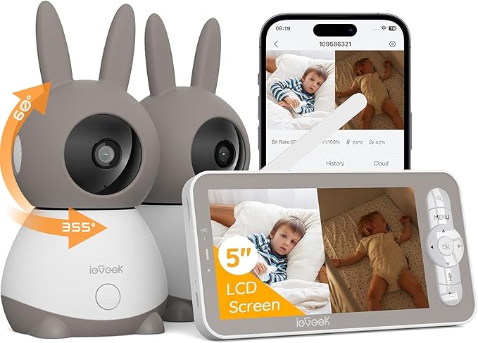 ieGeek 2K Split-Screen Baby Monitor, 5" Audio Baby Monitor with 2 Cameras, WiFi Smartphone Video Dual Camera, Night Vision, Motion & Cry Detection, Two Way Talk Temper &Humidity Sensor