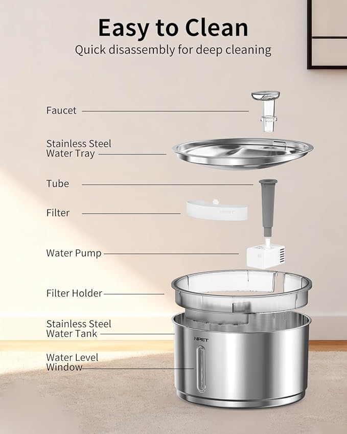 NPET Stainless Steel Cat Water Fountain, 1Gallon/135oz Automatic Pet Drinking Fountain Dog Water Dispenser with 8 Replacement Filters for Cats Indoor
