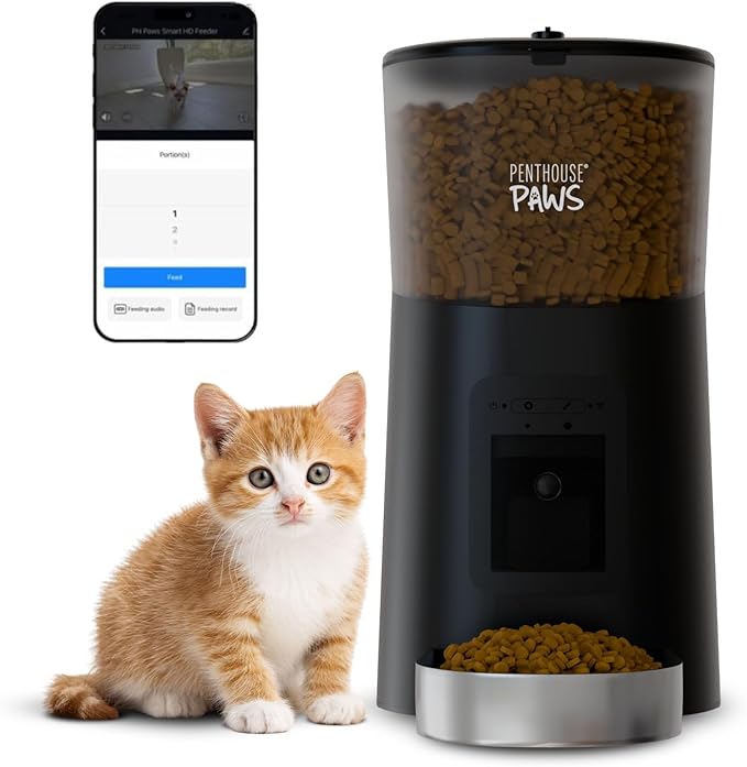 Smart HD Automatic Cat Feeder with 1080P Camera & Night Vision, 2-Way Audio, WiFi App Control, Anti-Jam 6L Cat Feeder with Backup Power, Easy to Clean, Up to 15 Meals for Cat & Dog, Black Stainless