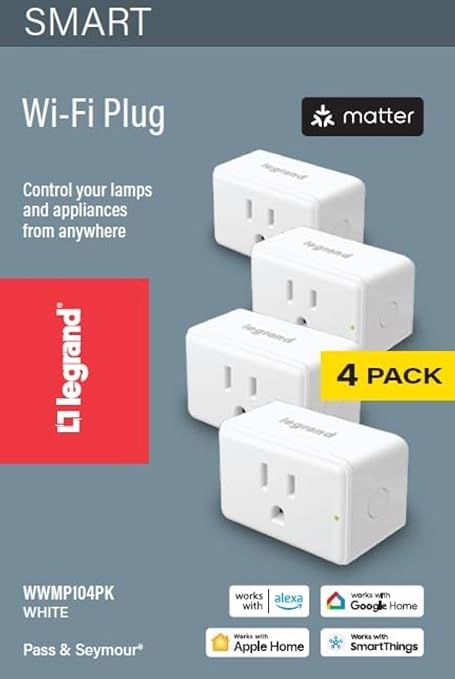 Legrand Radiant® Wi-Fi Matter Smart Plug Matter Hub Required 15A, Easy Setup, Enhanced Compatibility with Apple HomeKit, Google Home, Alexa & SmartThings, Easy Wi-Fi Connectivity w/ Matter (4 Pack)