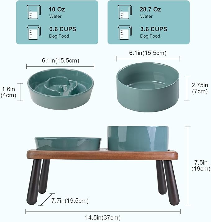 SPUNKYJUNKY Ceramic Elevated Dog Bowls with Slow Feeder Raised with Acacia Bamboo Wooden Stand, 6.1'' Dog and Cat Food Water Bowls Set Non-Slip for Small Medium Sized Breed - Dark Green
