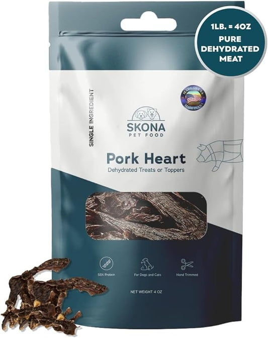 Skona PetFood Pork Heart Jerky Dog & Cat Treats, Single-Ingredient, High Protein Training Snacks, Natural & Healthy, USA Made, Rich in Nutrients, Supports Heart, Eye & Dental Health, 4oz