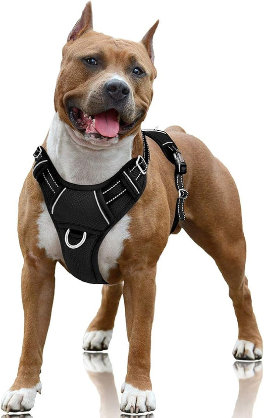 BARKBAY No Pull Dog Harness Large Reflective Dog Harness with Front Clip and Easy Control Handle for Walking Training Running with ID tag Pocket(Black,L)