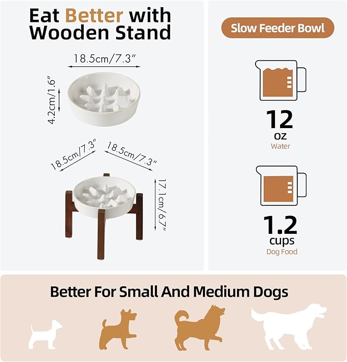 Ceramic 1.2 Cup Dog Raised Slow Feeder Set, Elevated Bowl with Wooden Stand for Medium and Small Dog, 7.3inch Slow Feeder Dish for Fast Easters(Single Bowl+ Stand, Reactived Glaze -White)