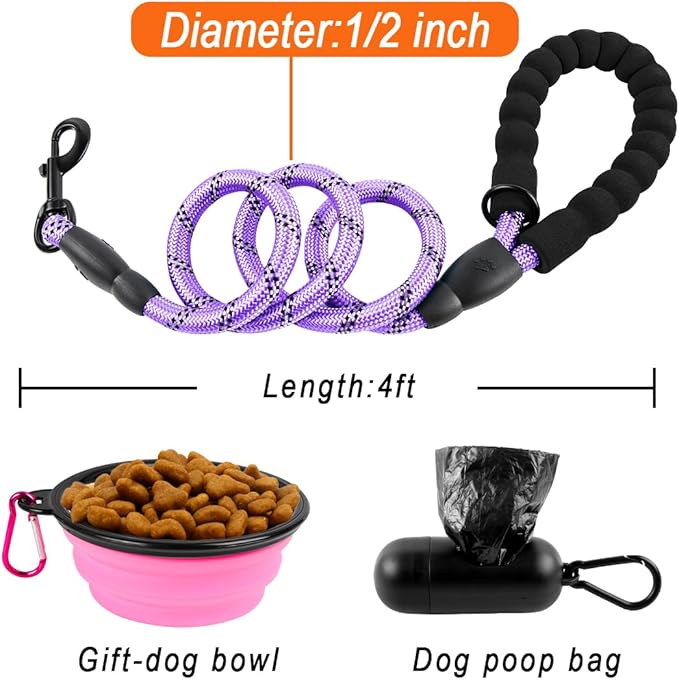 BARKBAY Dog Leashes for Large Dogs Heavy Duty Dog Leash 4/5/6 FT with Comfortable Padded Handle and Highly Reflective Threads for Medium Large Dogs Walking Training Running (4FT-1/2,Violet Purple)
