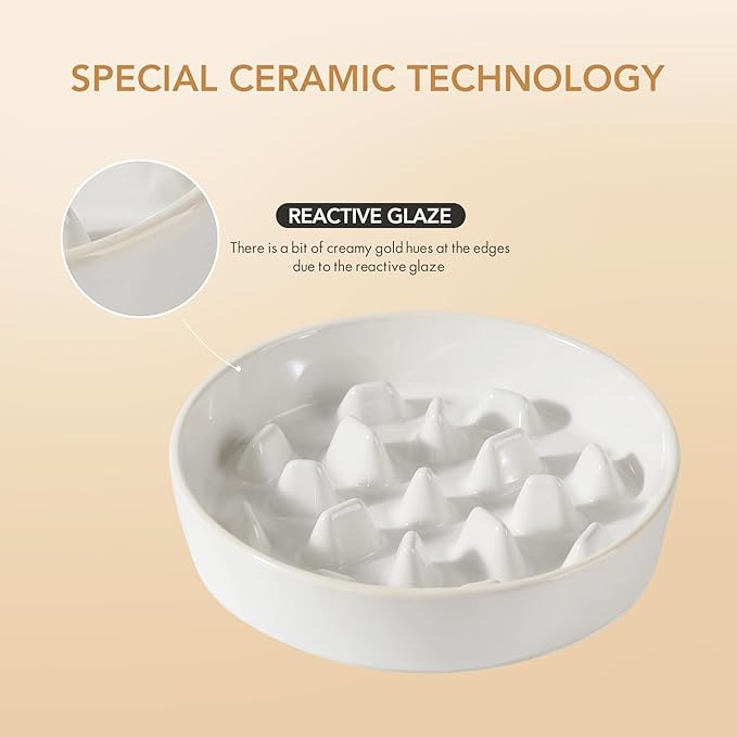 Ceramic 3.2 Cup Raised Slow Feeder Dog Bowl Set, Elevated 8.2inch Bowl and 9.5inch Slow Feeder Dish with Acacia Wood Stand for Large Dog (2 x Reactived Glaze -White+ Stand)