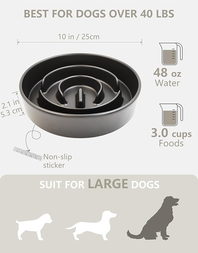 Ceramic Slow Feeder Bowls for Large Dogs, 3.0 Cups Slow Feeder for Fast Eaters, 48oz, 10in, Black