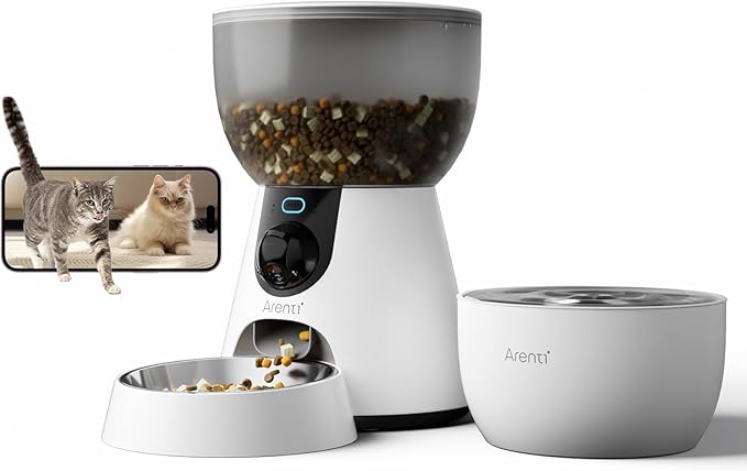 ARENTI Smart Automatic Cat Feeder and Water Fountain, 4L Pet Feeder Cat Food Dispenser with Camera, Dual Power, App Control, Live View & Night Vision, Meal Call, Hygienic Water Flow, Desiccant Bag