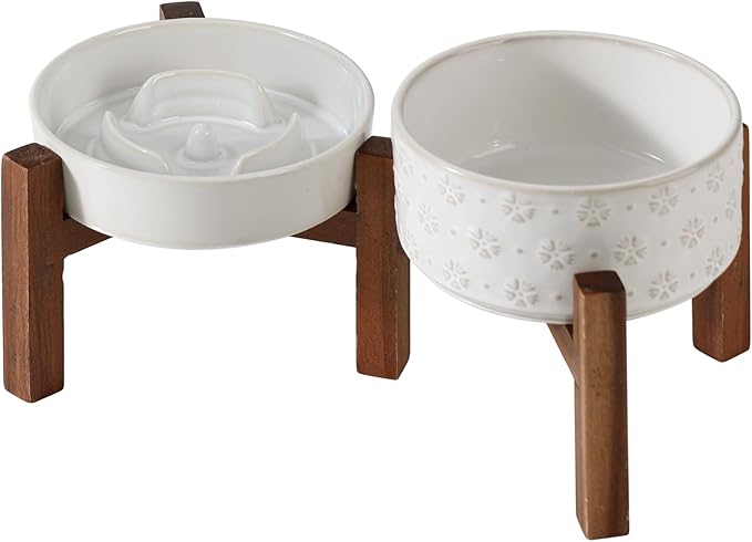 Ceramic 0.9 Cup Raised Slow Feeder Dog Bowl Set, Elevated 6.1inch Water Bowl and 6.1inch Slow Dish with Acacia Wood Stand for Small Dogs (2 x Reactived Glaze -White+ Stand)