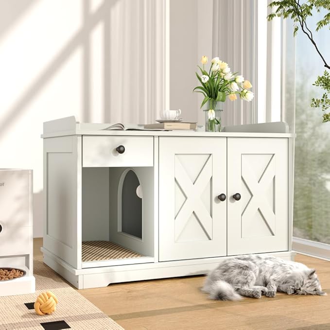 Cat Litter Box Enclosure Furniture with Mat - Hidden Litter Box Cabinet with Storage Drawer & Side Table - Indoor Cat House & Washroom (Hidden Entrance + White + MDF)