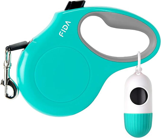 Fida Retractable Dog Leash with Dispenser and Poop Bags, 16 ft Pet Walking Leash for Small Dog or Cat up to 26 lbs, Anti-Slip Soft Handle, Tangle Free, Reflective Nylon Tape (S, Teel)
