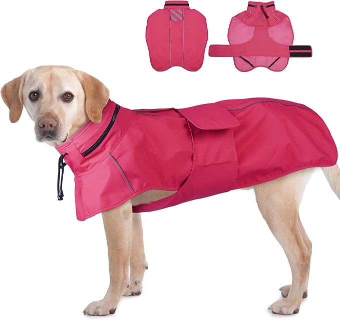 Waterproof Dog Raincoat, Windproof Rain Jacket for Large Dogs with Reflective Strips, Convertible Hood/Collar Poncho with Leash Hole Full Body Protection (Neon Pink, XXL)