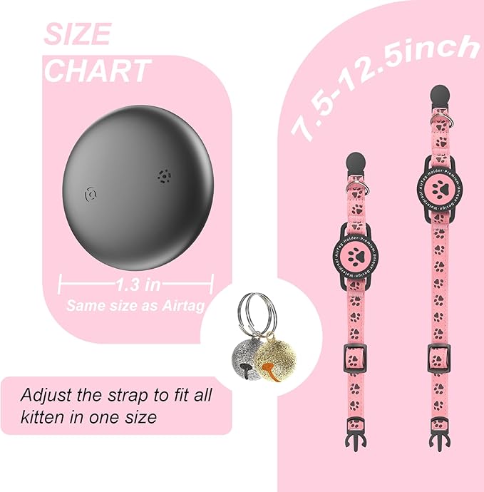 GPS Tracker for Cats, Waterproof GPS Cat Trackers Cats Collar with Bells, No Subscription, GPS Cat Collar, Adapt with Apple Find My (iOS Only) Finder Tag for items Pets Christmas Gift (PINK)