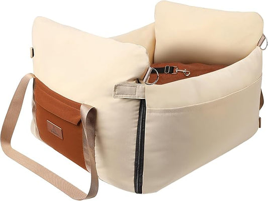 Dog Car Seats for Small Dogs, Waterproof Puppy Car Seat with Side Handles and Large Pockets, Clip-On Safety Leash and PP Cotton Filling, Pet Booster Seat for Small Dog up to 25lbs (Apricot)