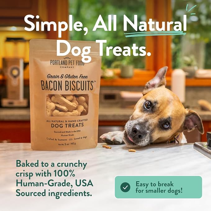 Portland Pet Food Company Bacon Dog Treats Healthy Biscuits for Large Medium & Small Dogs - Grain-Free, Human-Grade, All Natural Cookies, Snacks & Training Treats - Made in The USA - 3 Pack (5 oz)