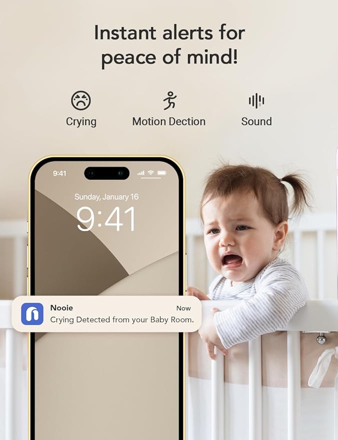 nooie Upgrade 5G Baby Monitor WiFi Smartphone, 2K Baby Camera Monitor 360 Pan & Tilt, HD Night Vision, Temperature Sensor, AI Motion Track, Two-Way Audio, Cry/Sound/Motion Detection, Works with Alexa
