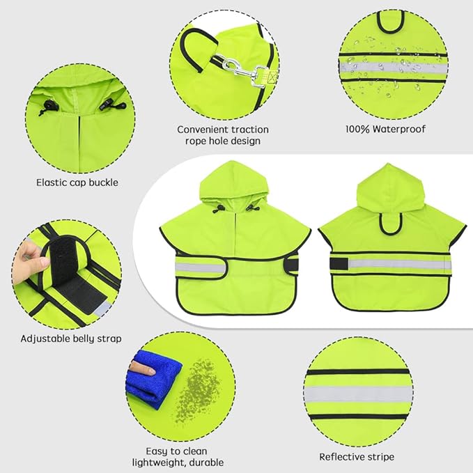 Candofly Reflective Dog Raincoat - Waterproof Dog Rain Jacket with Leash Hole, Hooded Doggie Ponch Rain Coat for Dogs (Green, XX-Large)