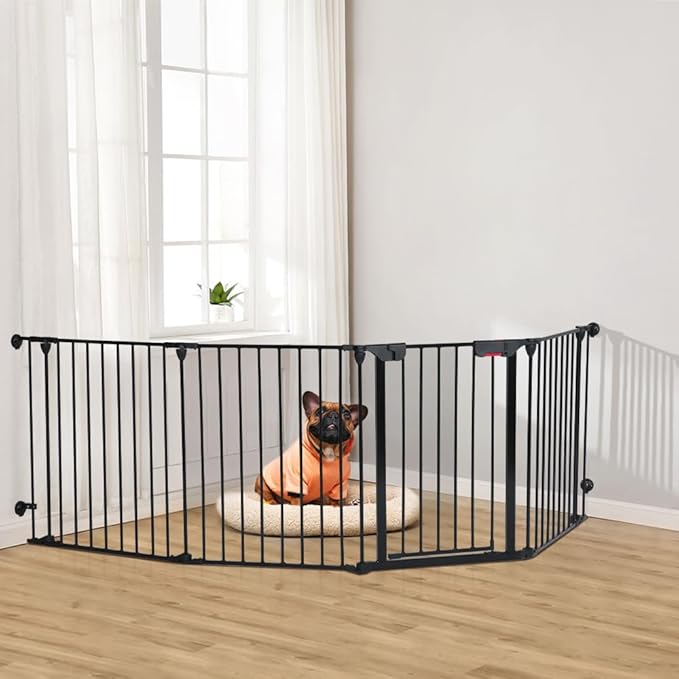 Freestanding Dog Gates with Door Walk Through, Extra Wide Doggy Door 100" W x 29" H Pet Gate Safty 4 Panels Dog Fence for Stairs, Doorways