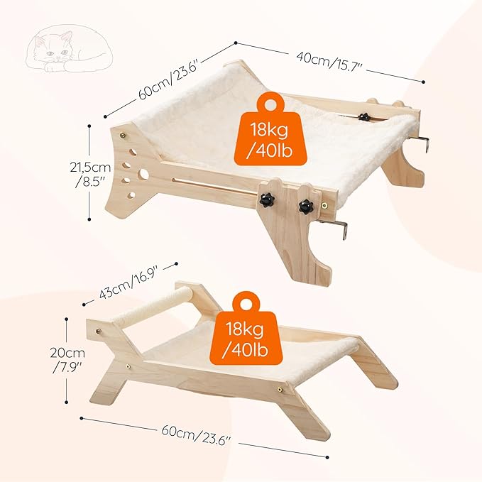 HOOBRO Cat Window Perch Set of 2, Cat Window Hammock with Soft Plush, Cat Window Seat with Support Legs for Indoor Use, Cat Beds for Window and Floor, Natural NL44CS03