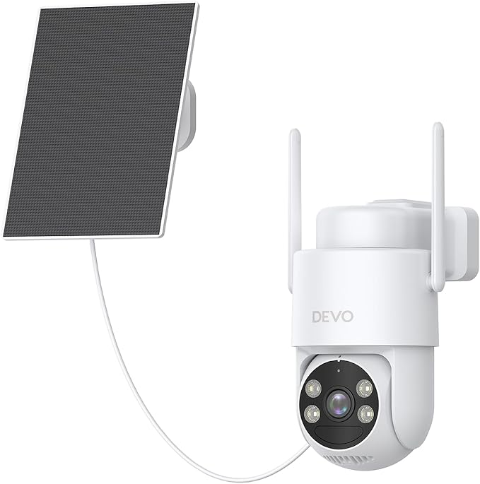 Devo Solar Security Camera Wireless Outdoor 360° PTZ - 2.3K Color Night Vision with AI Human Detection, WiFi 6 Pan/Tilt IP66 Waterproof, 180-Day Battery & Solar Panel, 2-Way Audio, Triple Alert System