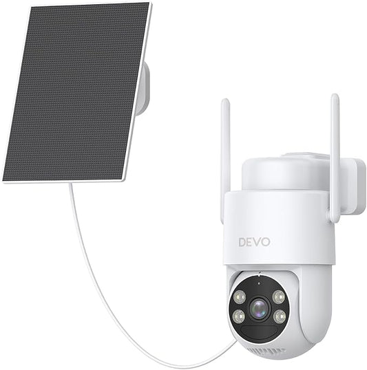 Devo Solar Security Camera Wireless Outdoor 360° PTZ - 2.3K Color Night Vision with AI Human Detection, WiFi 6 Pan/Tilt IP66 Waterproof, 180-Day Battery & Solar Panel, 2-Way Audio, Triple Alert System