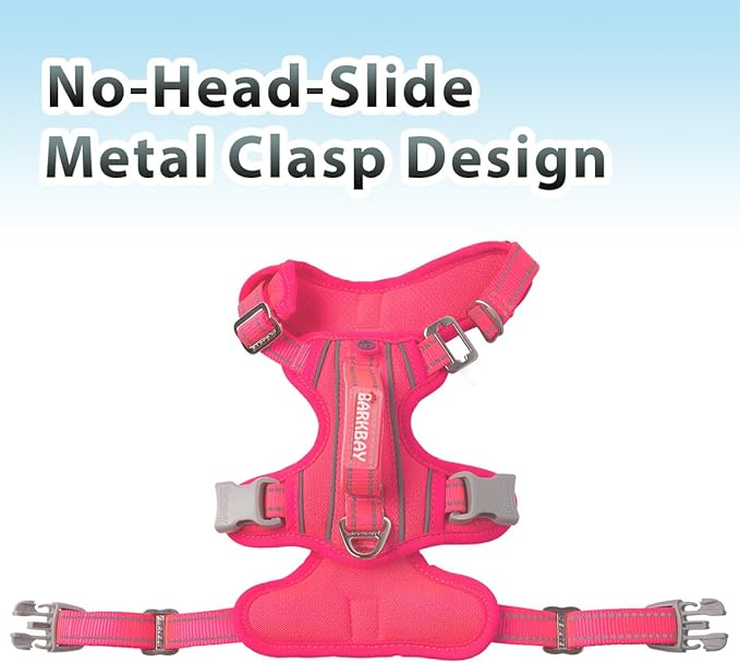 BARKBAY No Pull Dog Harness 3 Buckles Large Reflective Dog Harness with Front Clip and Easy Control Handle for Walking Training Running with ID tag Pocket(Pink,L)
