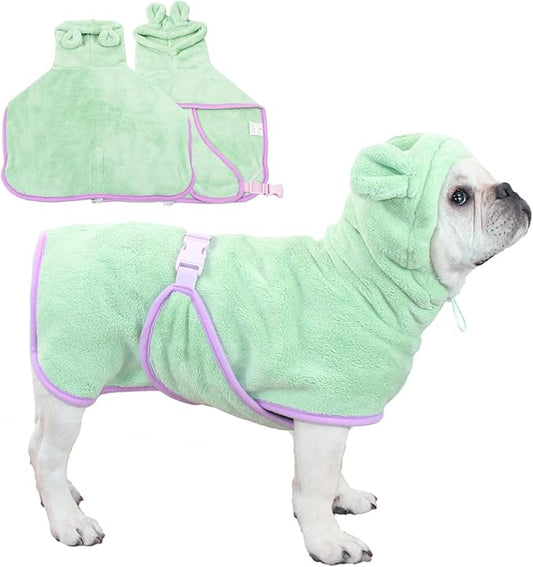 Pet Bathrobe for Dog Cat Absorbently Quick Drying Coat Cute Dogs Bath Towel Hooded Robe Adjustable Collar & Belly Strap for Pool Beach (Green, Medium)